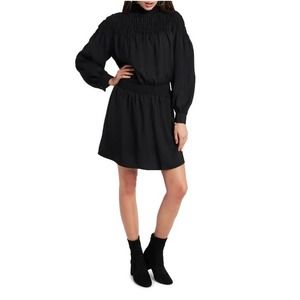 New 1.STATE Smocked Long Sleeve Mock Neck Short Dress Black Witchcore Sz.S